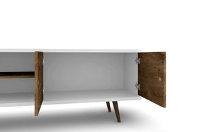 Manhattan Comfort Liberty 62.99 Mid-Century Modern TV Stand and Panel with Solid Wood Legs in White and Rustic Brown