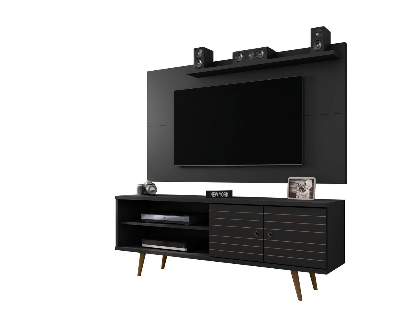 Manhattan Comfort Liberty 62.99 Mid-Century Modern TV Stand and Panel with Solid Wood Legs in Black Manhattan Comfort-Entertainment Center- - 1