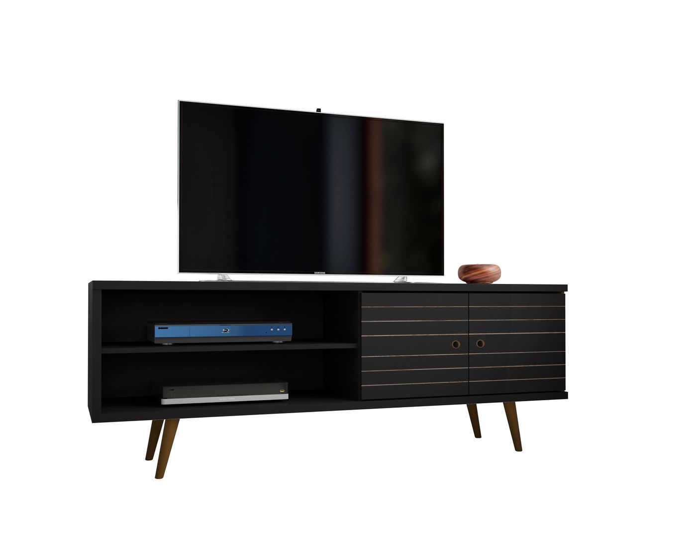 Manhattan Comfort Liberty 62.99 Mid-Century Modern TV Stand and Panel with Solid Wood Legs in Black