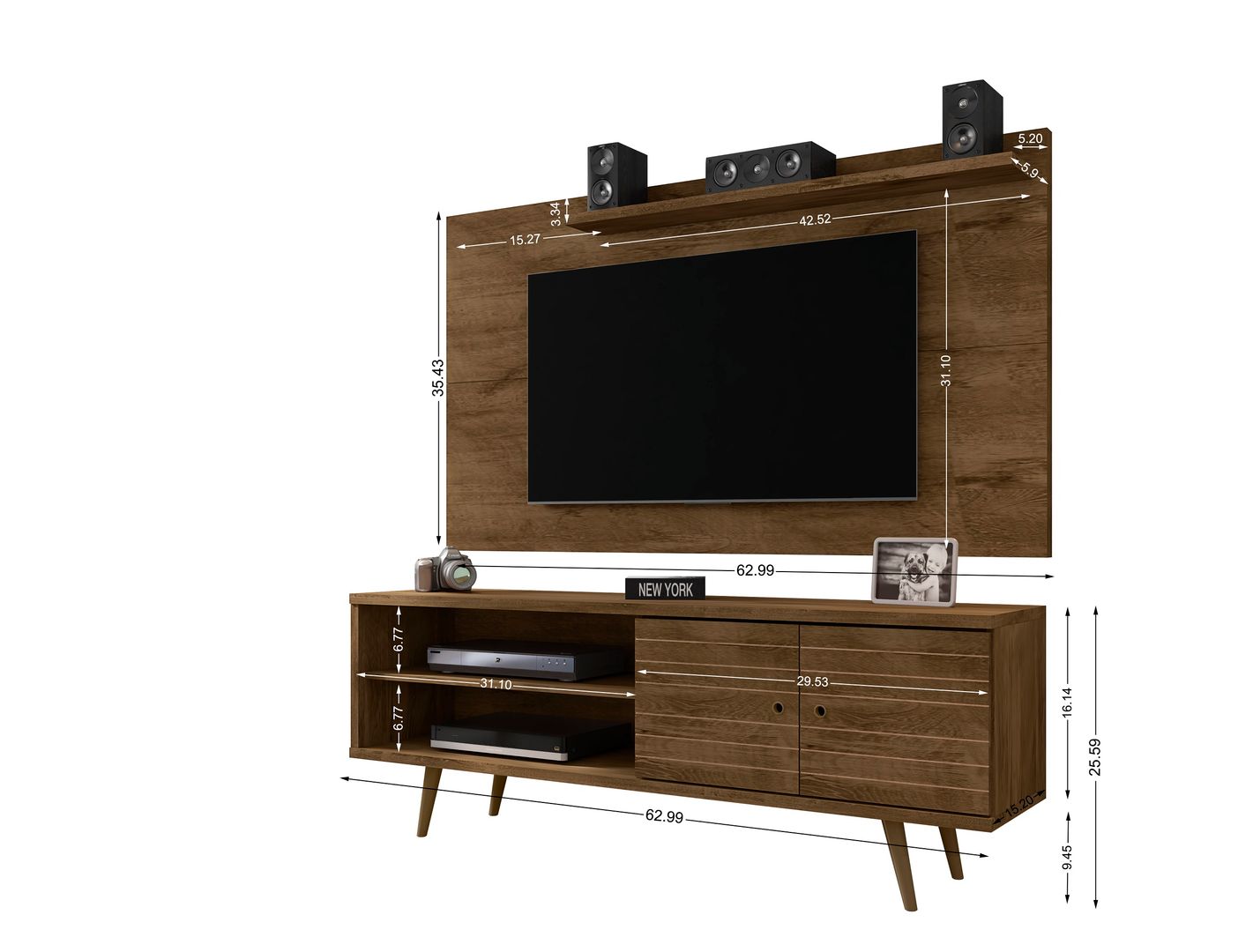 Manhattan Comfort Liberty 62.99 Mid-Century Modern TV Stand and Panel with Solid Wood Legs in Rustic Brown