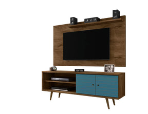 Manhattan Comfort Liberty 62.99 Mid-Century Modern TV Stand and Panel with Solid Wood Legs in Rustic Brown and Aqua Blue Manhattan Comfort-Entertainment Center- - 1