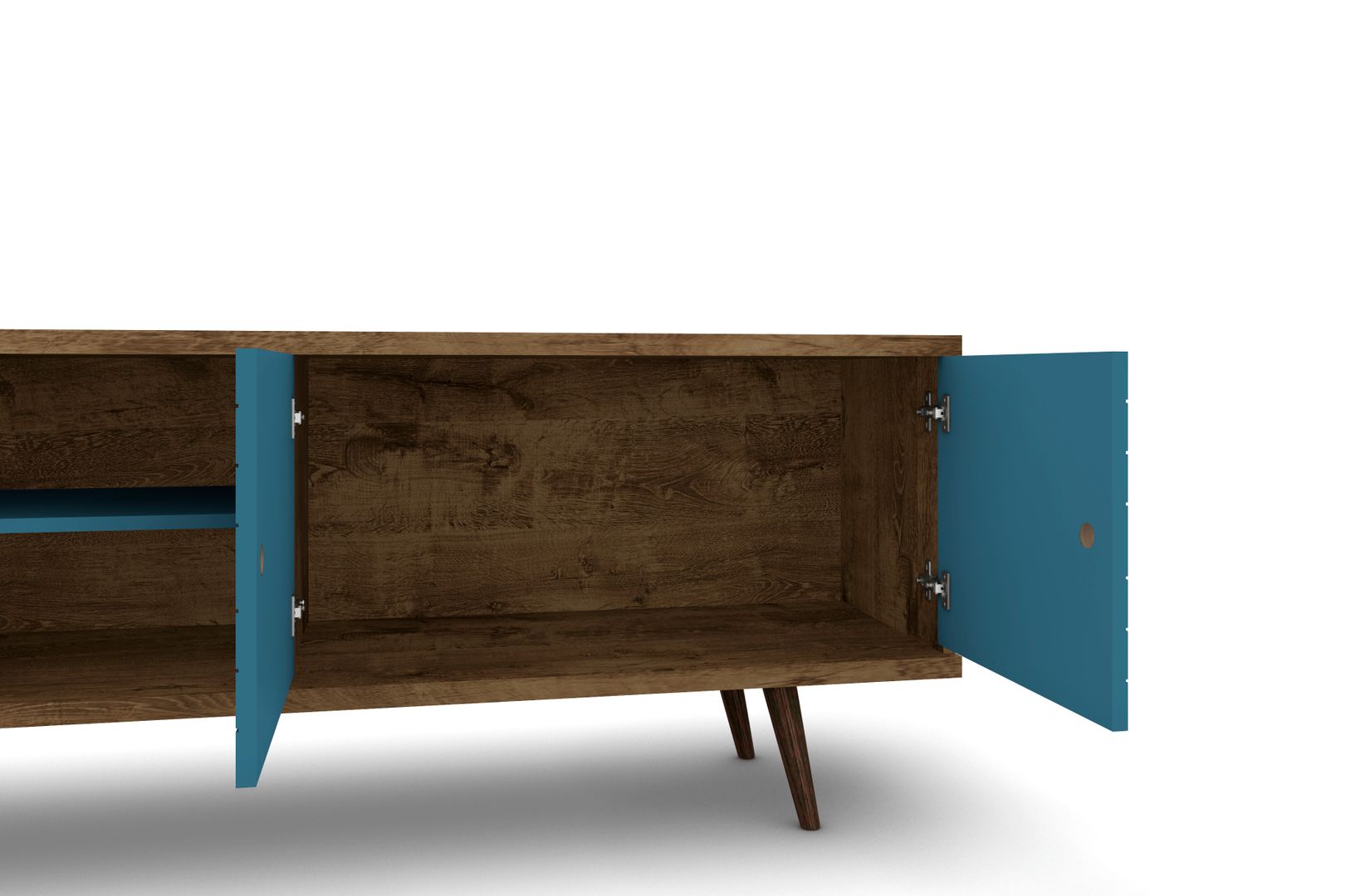 Manhattan Comfort Liberty 62.99 Mid-Century Modern TV Stand and Panel with Solid Wood Legs in Rustic Brown and Aqua Blue