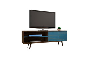 Manhattan Comfort Liberty 62.99 Mid-Century Modern TV Stand and Panel with Solid Wood Legs in Rustic Brown and Aqua Blue