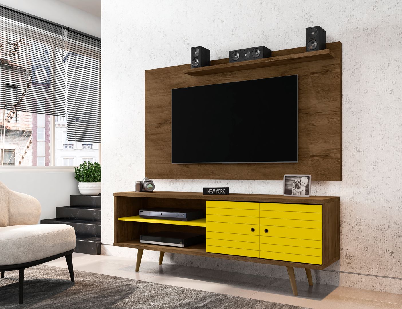 Manhattan Comfort Liberty 62.99 Mid-Century Modern TV Stand and Panel with Solid Wood Legs in Rustic Brown and Yellow