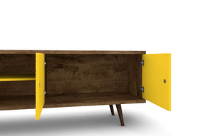 Manhattan Comfort Liberty 62.99 Mid-Century Modern TV Stand and Panel with Solid Wood Legs in Rustic Brown and Yellow
