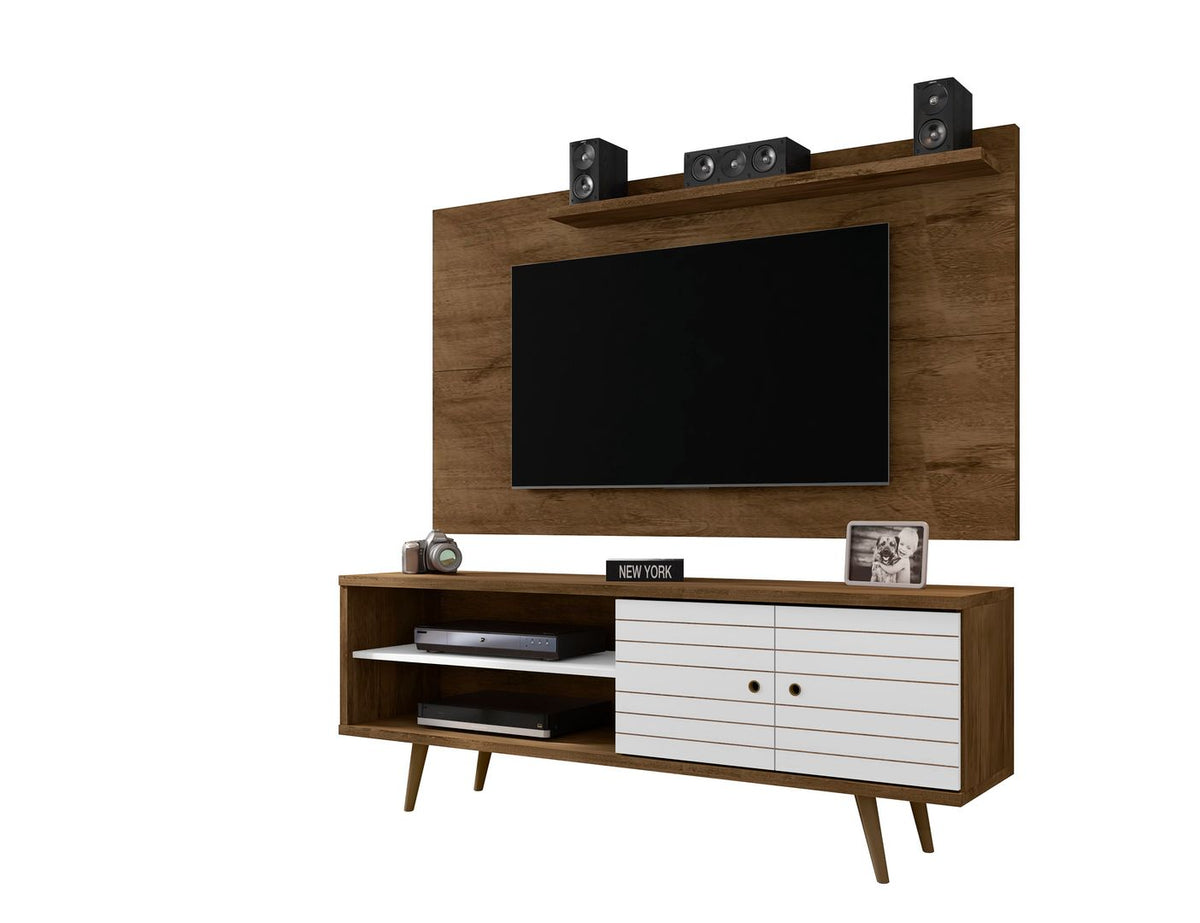 Manhattan Comfort Liberty 62.99 Mid-Century Modern TV Stand and Panel with Solid Wood Legs in Rustic Brown and White Manhattan Comfort-Entertainment Center- - 1