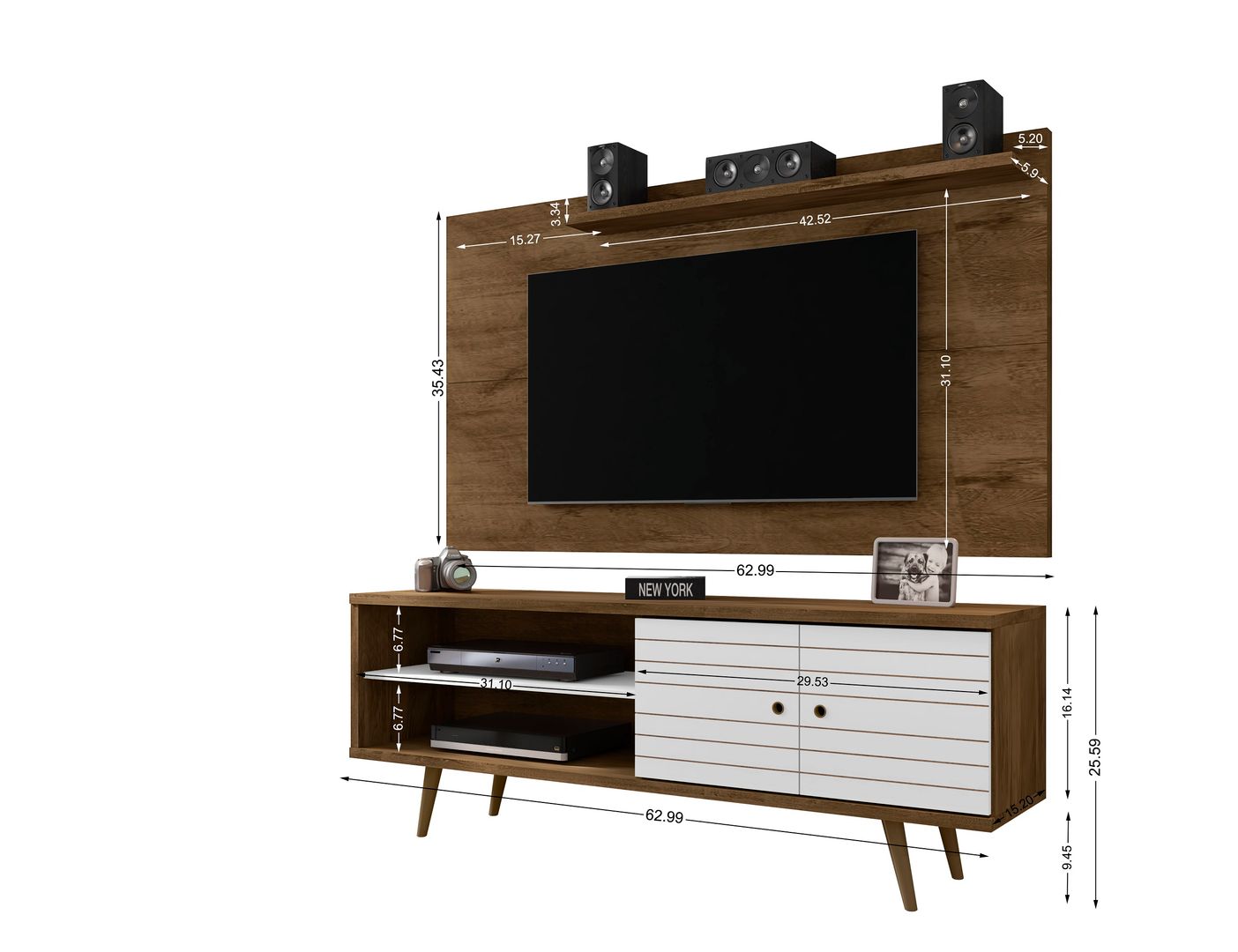 Manhattan Comfort Liberty 62.99 Mid-Century Modern TV Stand and Panel with Solid Wood Legs in Rustic Brown and White