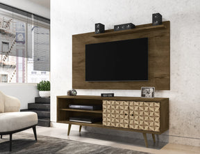 Manhattan Comfort Liberty 62.99 Mid-Century Modern TV Stand and Panel with Solid Wood Legs in Rustic Brown and 3D Brown Prints