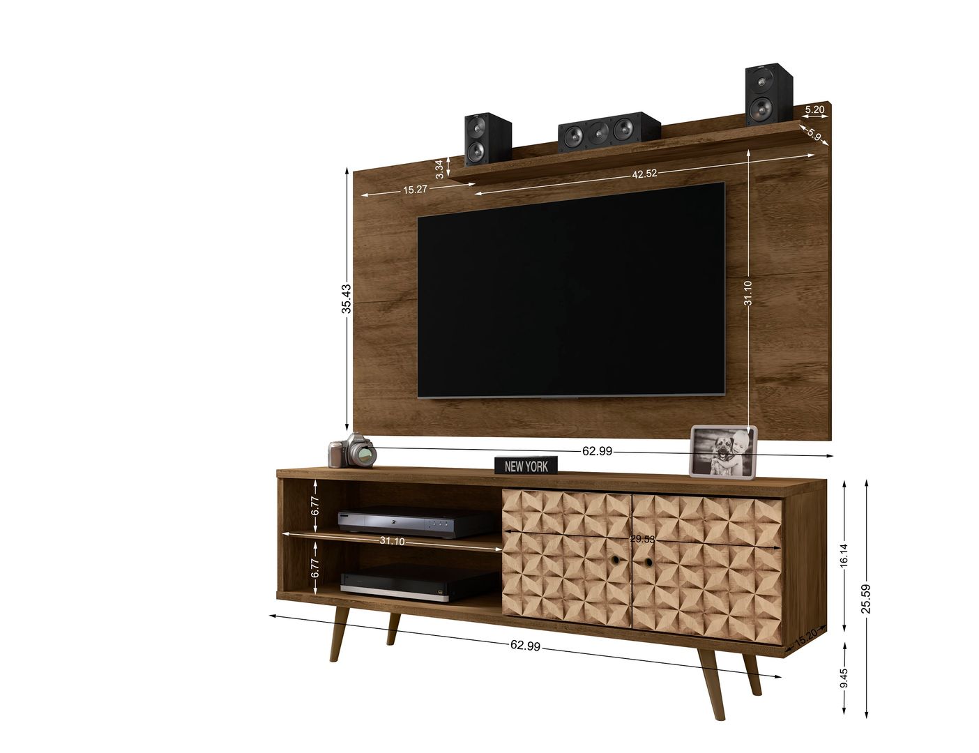 Manhattan Comfort Liberty 62.99 Mid-Century Modern TV Stand and Panel with Solid Wood Legs in Rustic Brown and 3D Brown Prints