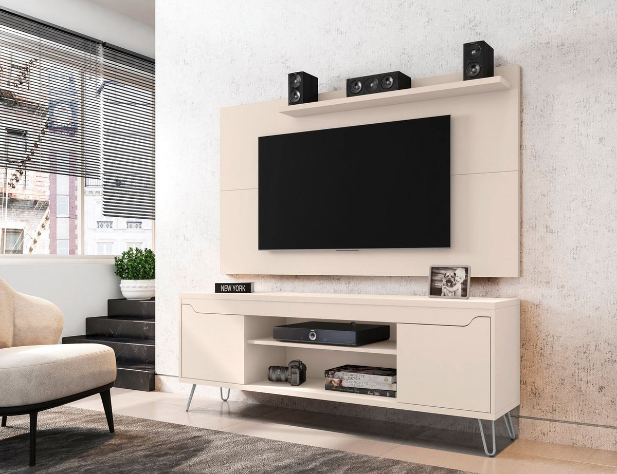 Manhattan Comfort Baxter 62.99 Mid-Century Modern TV Stand and Liberty Panel with Media and Display Shelves in Off White