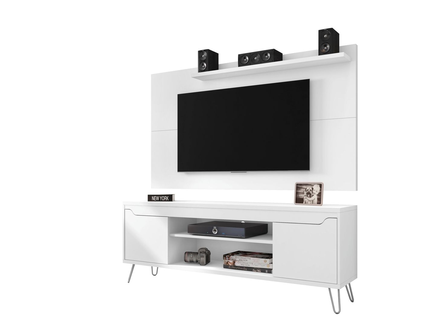 Manhattan Comfort Baxter 62.99 Mid-Century Modern TV Stand and Liberty Panel with Media and Display Shelves in White Manhattan Comfort-Entertainment Center- - 1