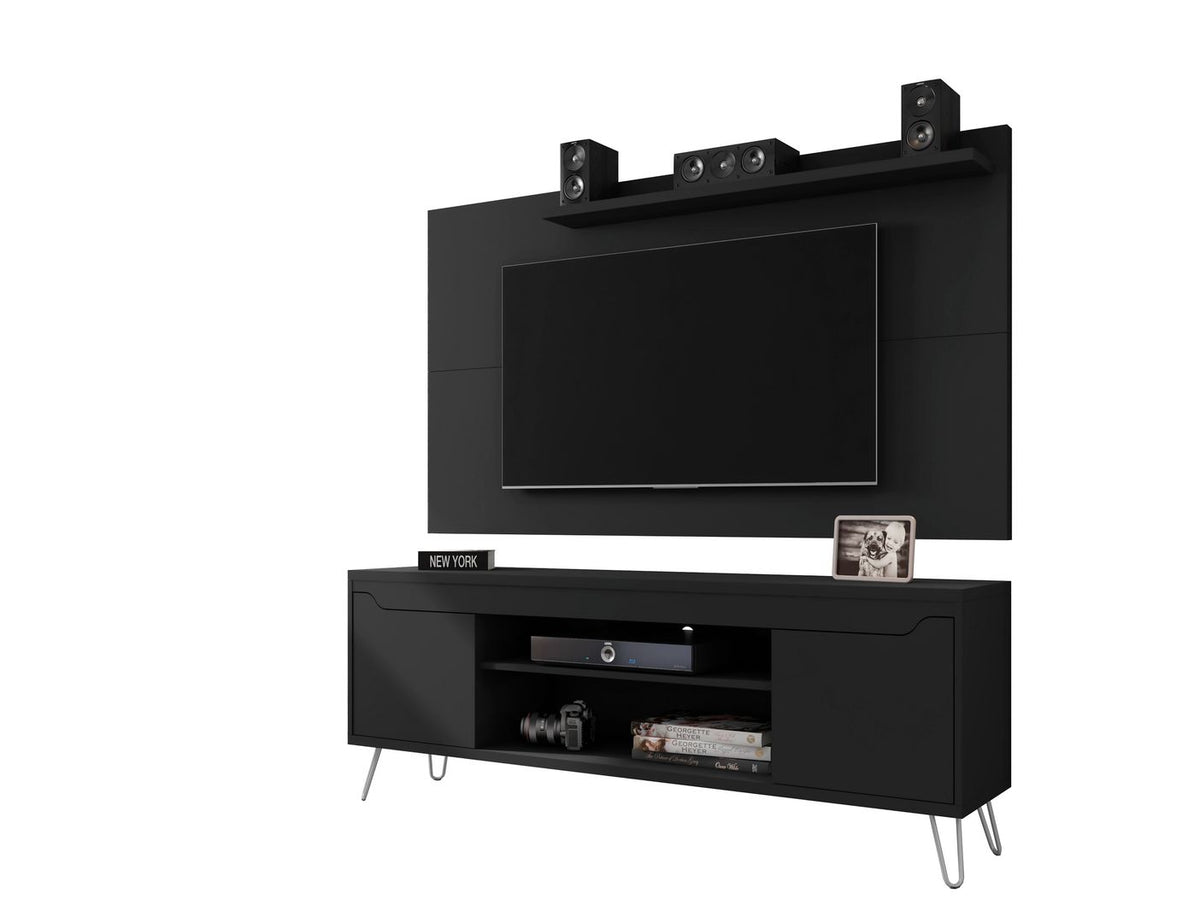 Manhattan Comfort Baxter 62.99 Mid-Century Modern TV Stand and Liberty Panel with Media and Display Shelves in Black Manhattan Comfort-Entertainment Center- - 1