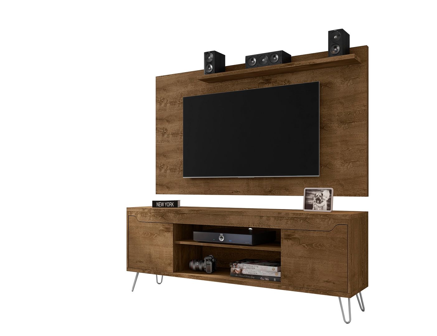 Manhattan Comfort Baxter 62.99 Mid-Century Modern TV Stand and Liberty Panel with Media and Display Shelves in Rustic BrownManhattan Comfort-Entertainment Center- - 1