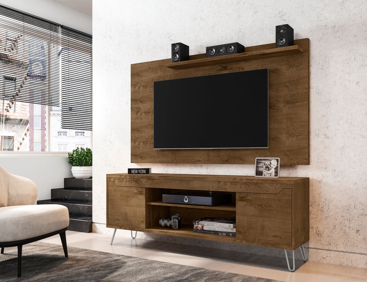 Manhattan Comfort Baxter 62.99 Mid-Century Modern TV Stand and Liberty Panel with Media and Display Shelves in Rustic Brown