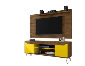 Manhattan Comfort Baxter 62.99 Mid-Century Modern TV Stand and Liberty Panel with Media and Display Shelves in Rustic Brown and Yellow Manhattan Comfort-Entertainment Center- - 1