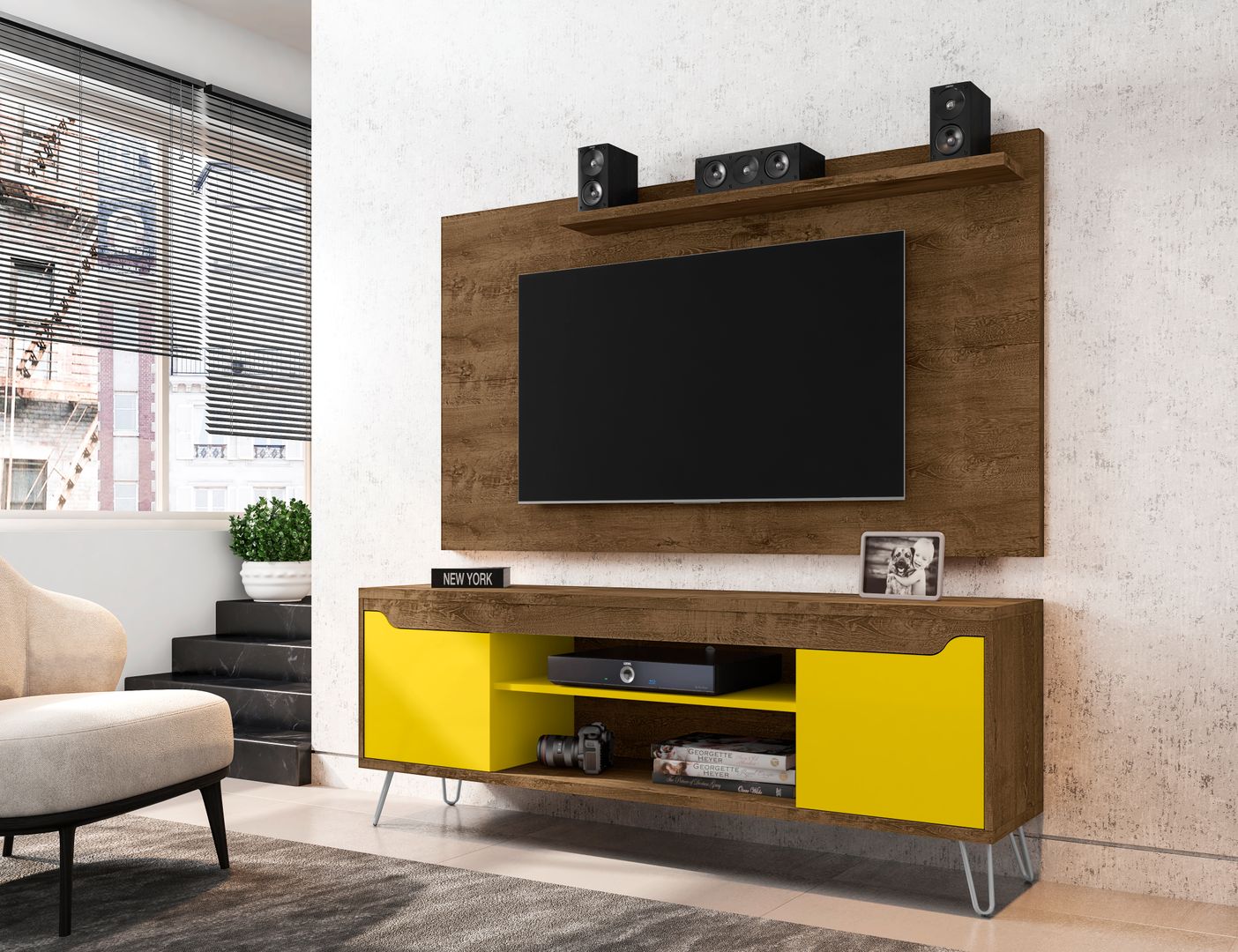 Manhattan Comfort Baxter 62.99 Mid-Century Modern TV Stand and Liberty Panel with Media and Display Shelves in Rustic Brown and Yellow