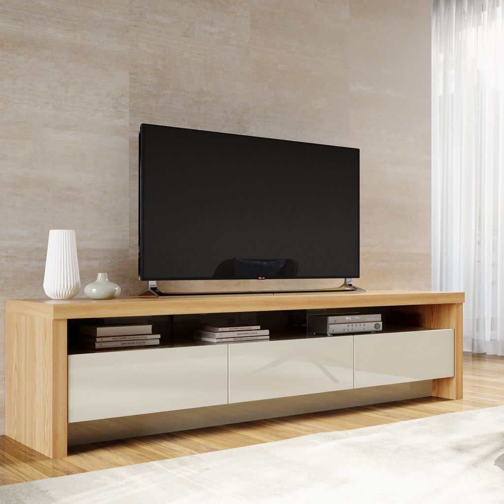 Manhattan Comfort Sylvan 85.43" TV Stand with 3-Drawers in Nature Wood and Off White