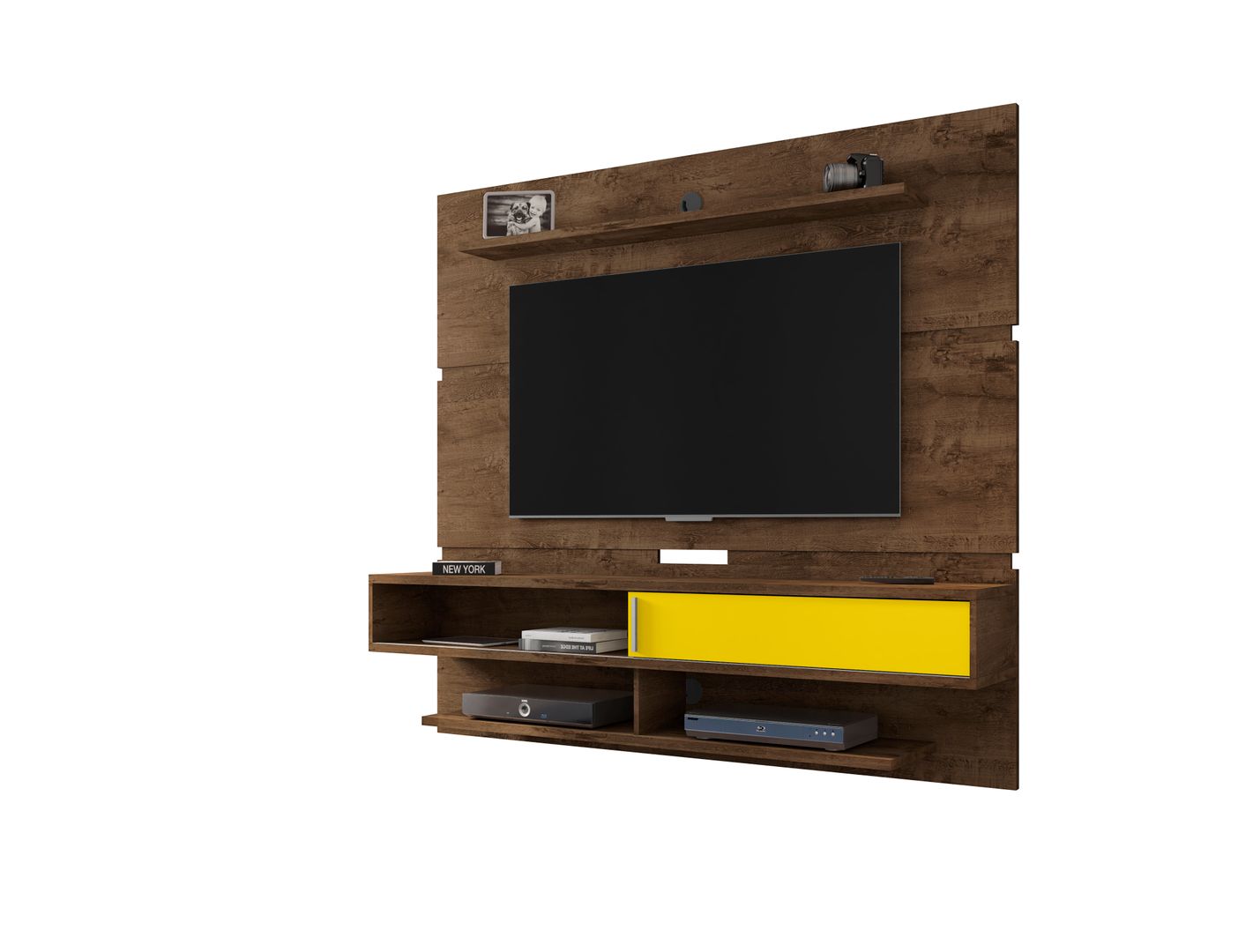 Manhattan Comfort Astor 70.86 Modern Floating Entertainment Center 2.0 with Media and Décor Shelves in Rustic Brown and Yellow