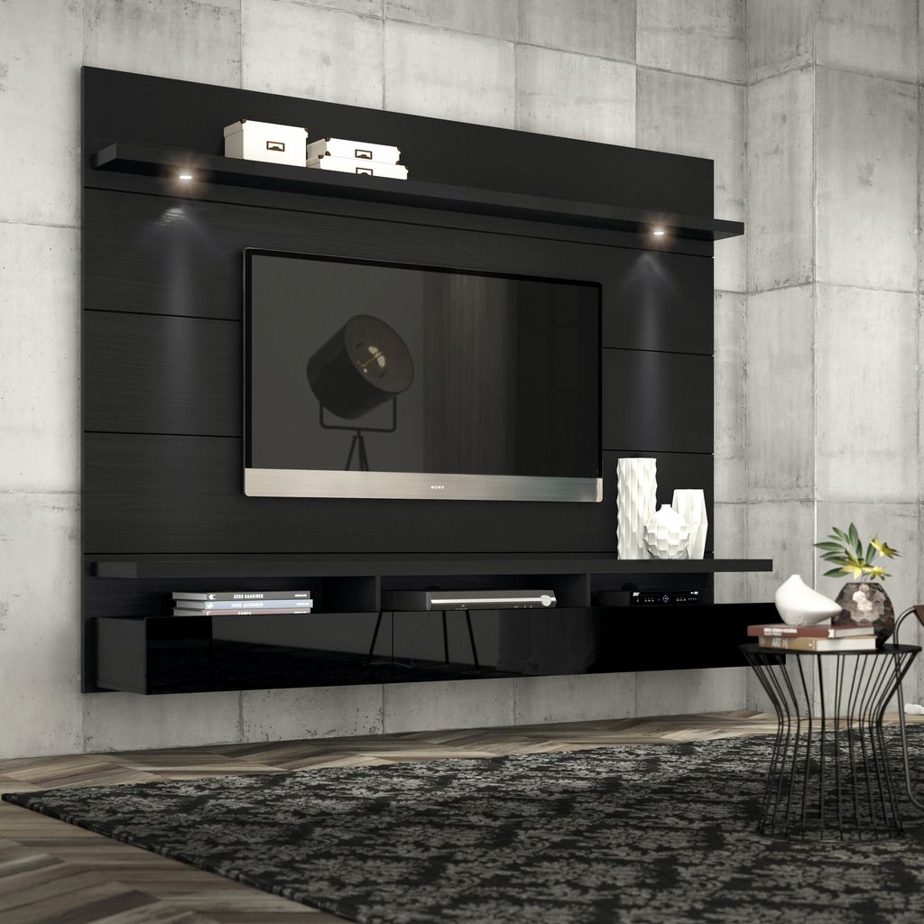 Manhattan Comfort Cabrini 1.8 Floating Wall Theater Entertainment Center in Black Gloss and Black Matte