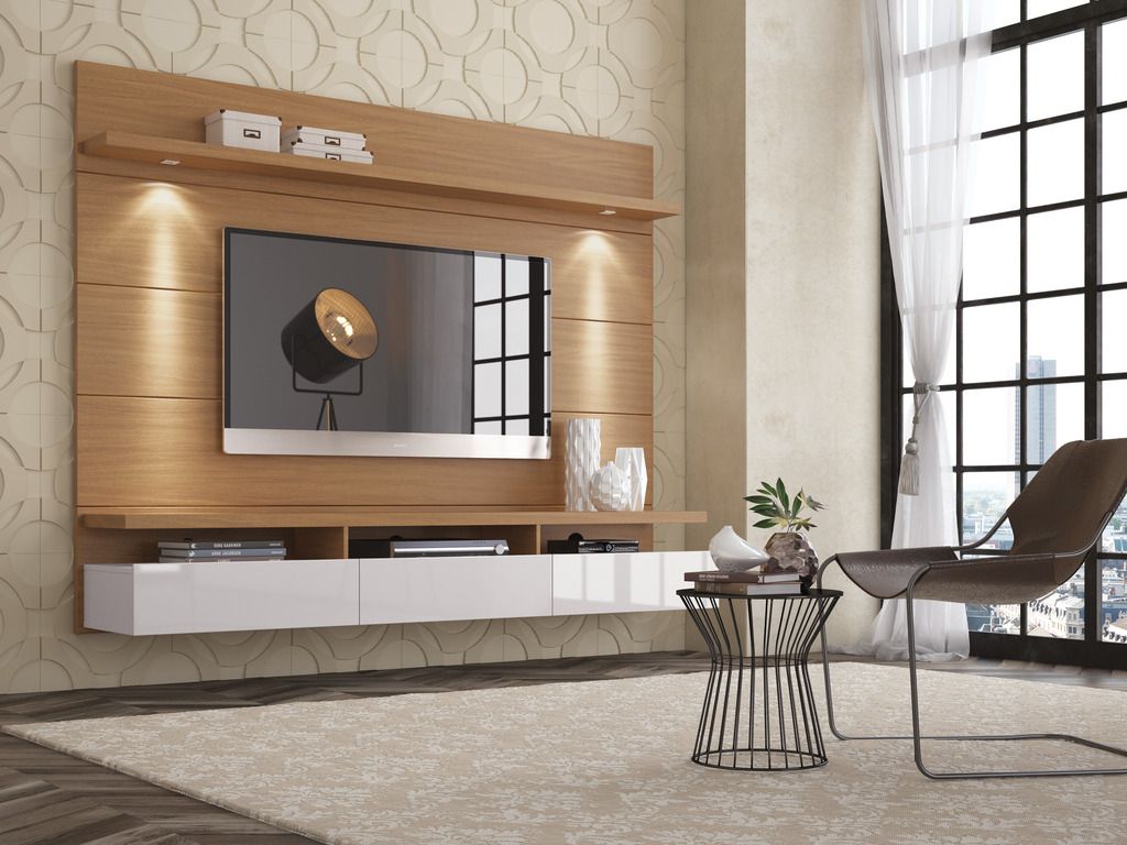 Manhattan Comfort Cabrini 1.8 Floating Wall Theater Entertainment Center in Maple Cream and Off White