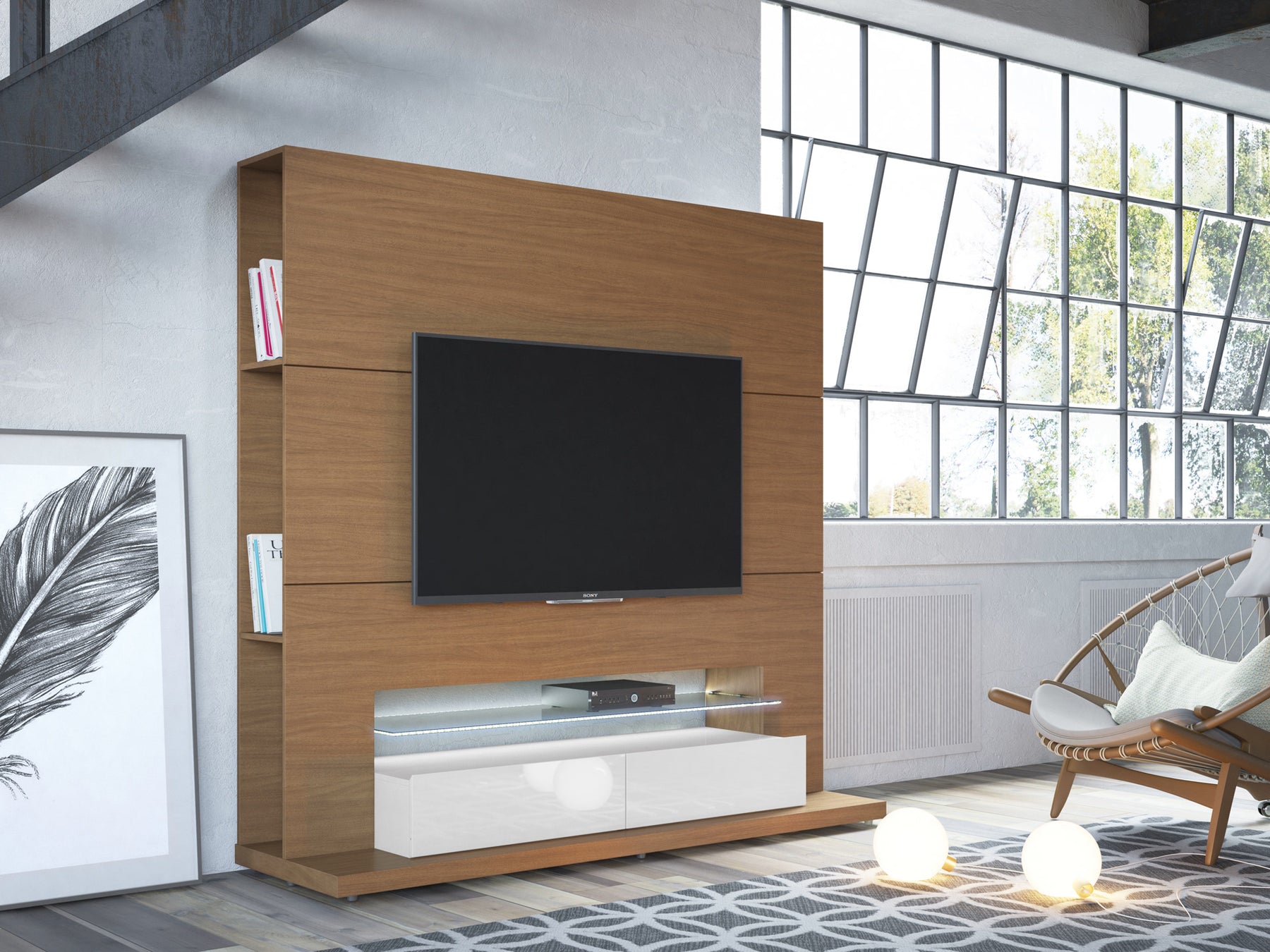 Manhattan Comfort Riverside Freestanding Theater Entertainment Center with LED Lights in Maple Cream and Off White-Minimal & Modern