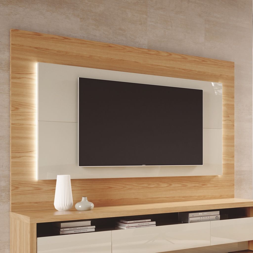 Manhattan Comfort Sylvan 70.86" TV Panel with LED Lights in Nature Wood and Off White