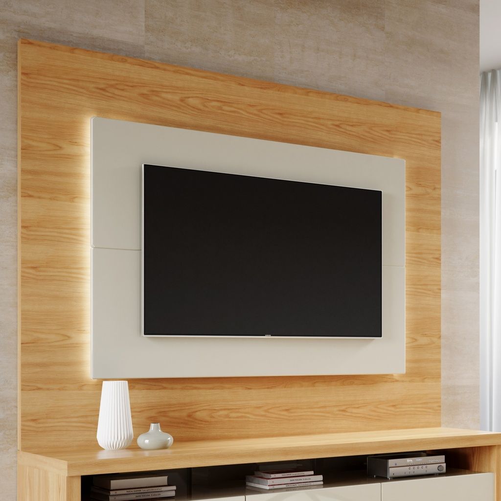 Manhattan Comfort Sylvan 85.43" TV Panel with LED Lights in Nature Wood and Off White