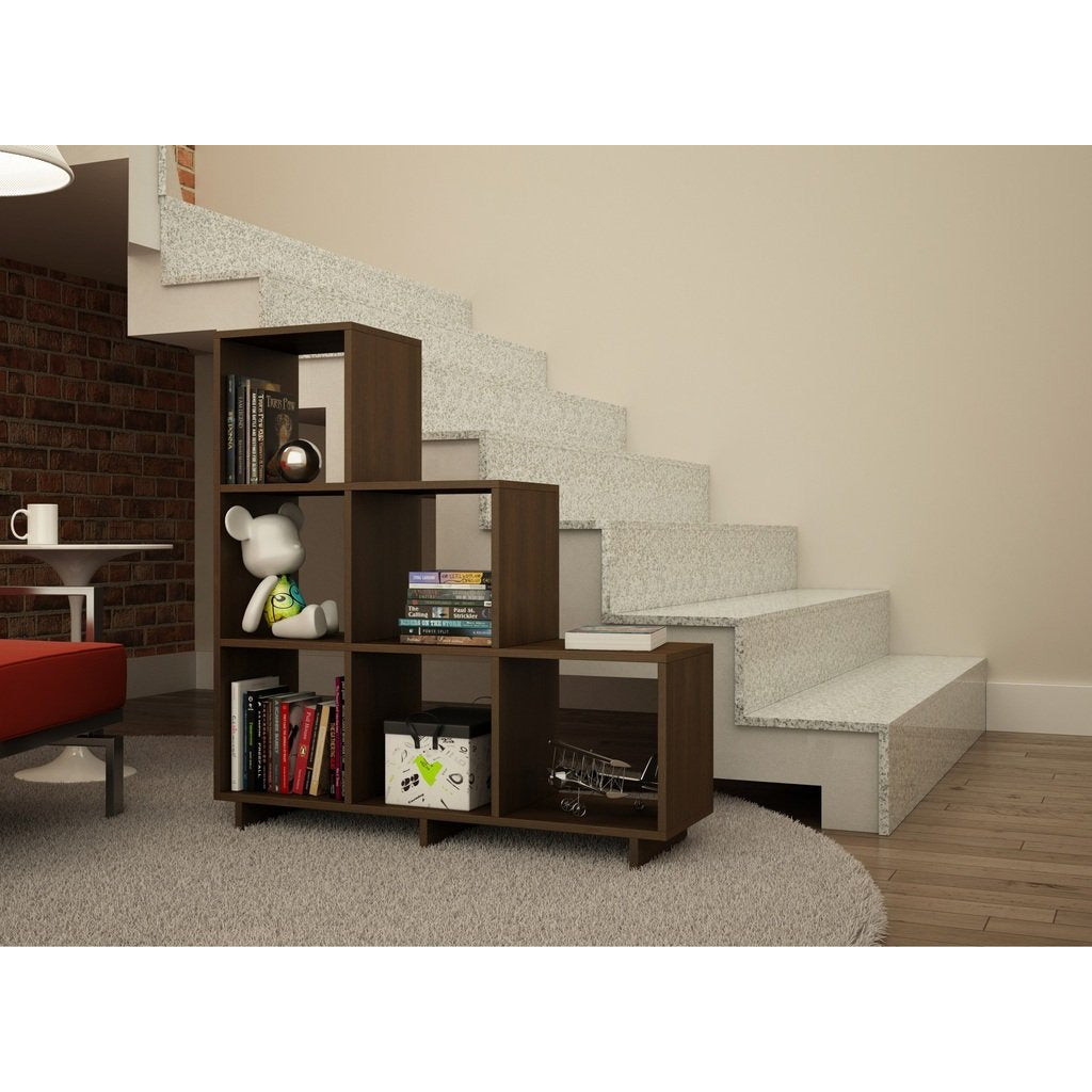 Accentuations by Manhattan Comfort Sophisticated Cascavel Stair Cubby with 6 Cube Shelves in Tobacco