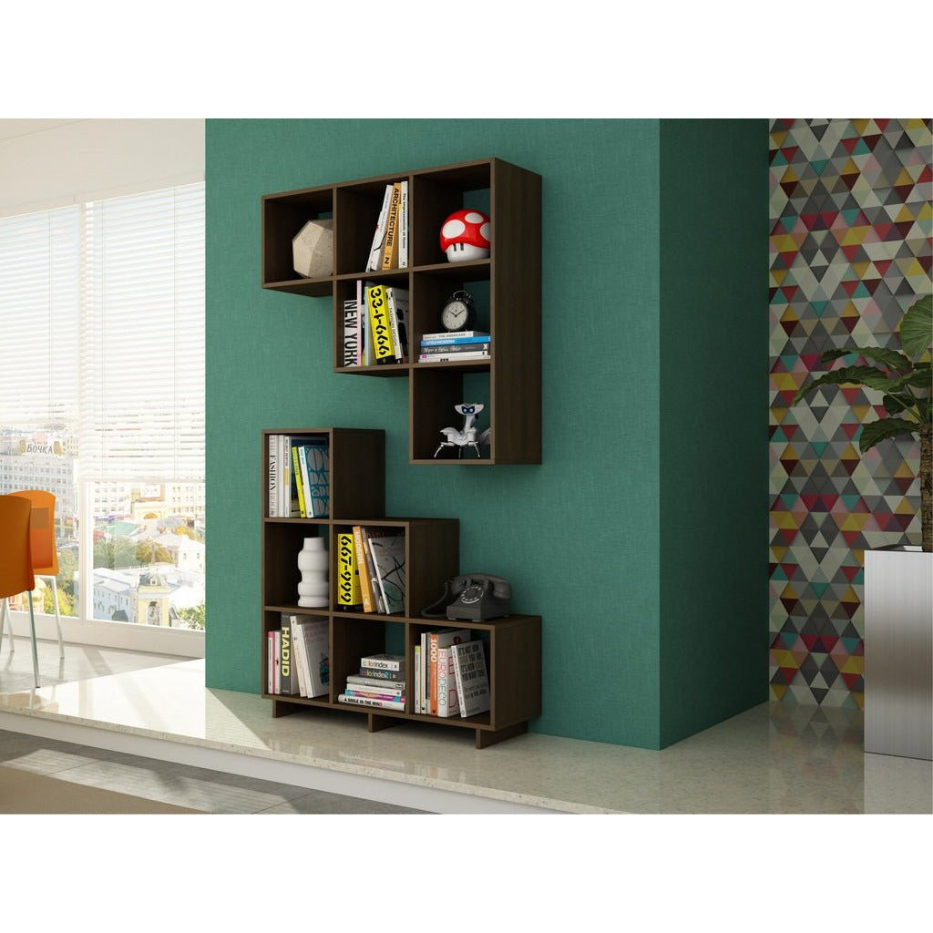 Accentuations by Manhattan Comfort Sophisticated Cascavel Stair Cubby with 6 Cube Shelves in Tobacco