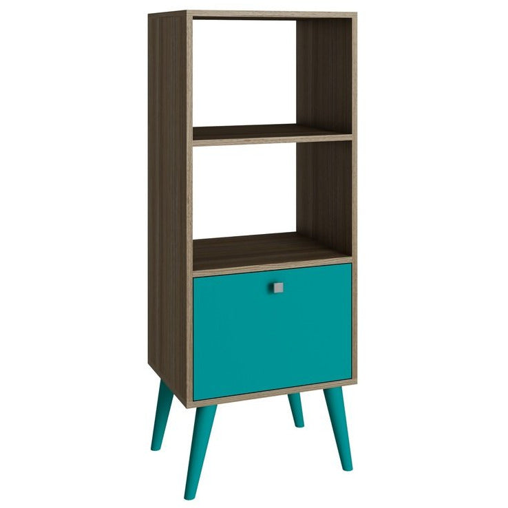 Accentuations by Manhattan Comfort Sophisticated Sami Double Bookcase with 2 Open Shelves and 1- Drawer in Oak and AquaManhattan Comfort-Stands and Side Tables- - 1
