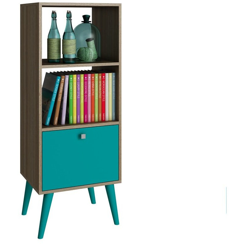 Accentuations by Manhattan Comfort Sophisticated Sami Double Bookcase with 2 Open Shelves and 1- Drawer in Oak and Aqua