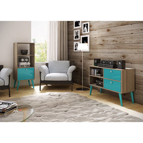 Accentuations by Manhattan Comfort Sophisticated Sami Double Bookcase with 2 Open Shelves and 1- Drawer in Oak and Aqua