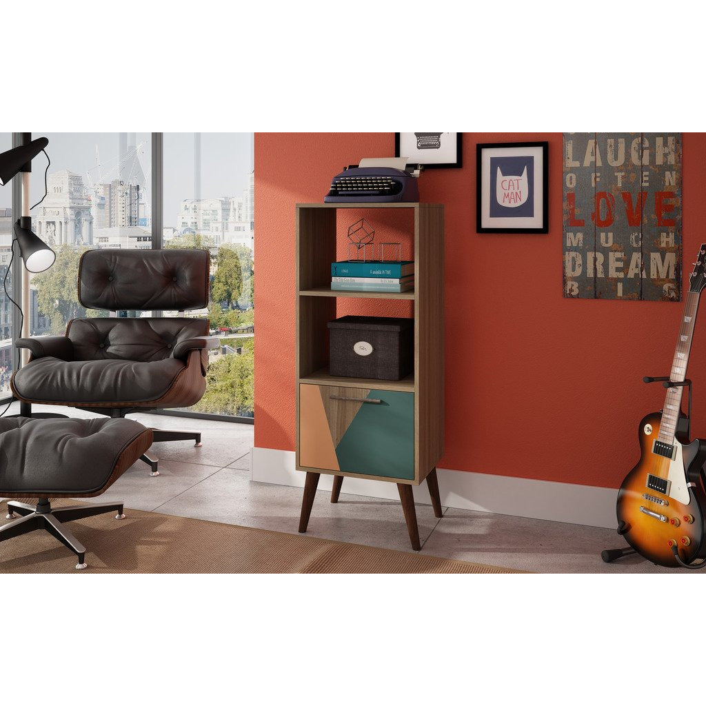 Manhattan Comfort  Sami 2.0 Double Bookcase with 1- Drawer in Oak Frame with Peach and Teal.