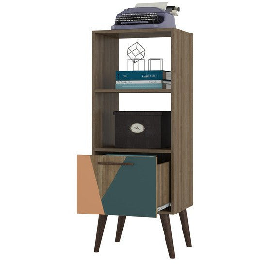 Manhattan Comfort  Sami 2.0 Double Bookcase with 1- Drawer in Oak Frame with Peach and Teal.