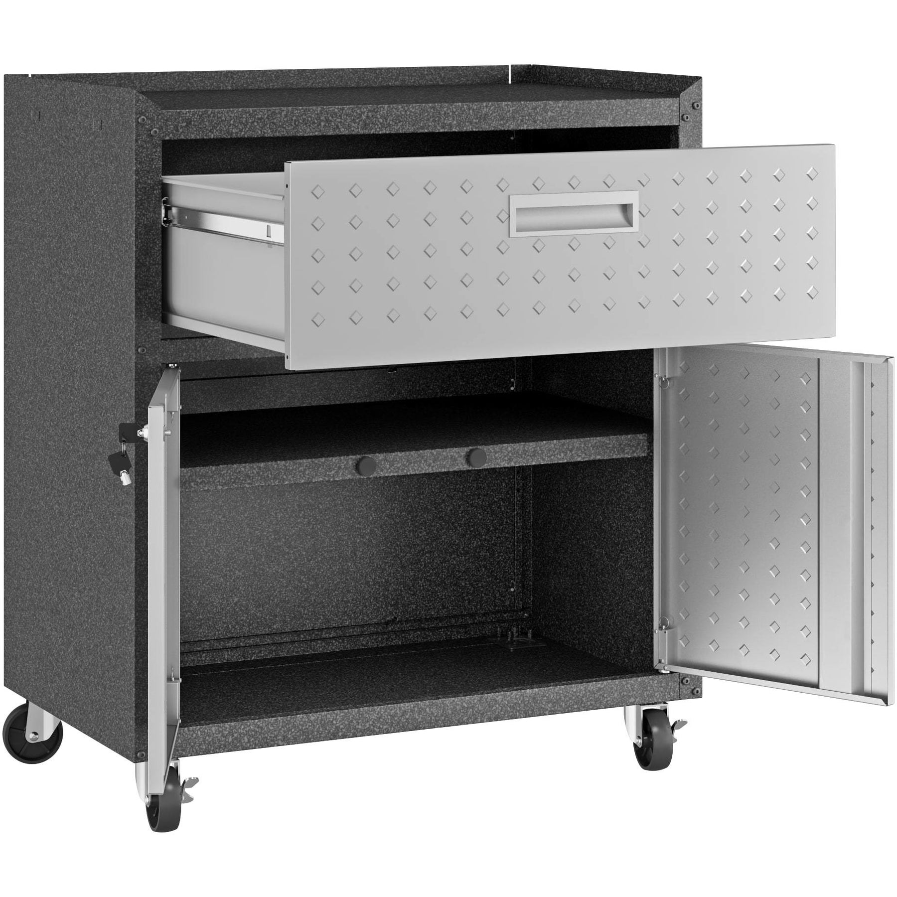 Manhattan Comfort Fortress Textured Metal 31.5" Garage Mobile Cabinet with 1 Full Extension Drawer and 2 Adjustable Shelves in Grey-Minimal & Modern
