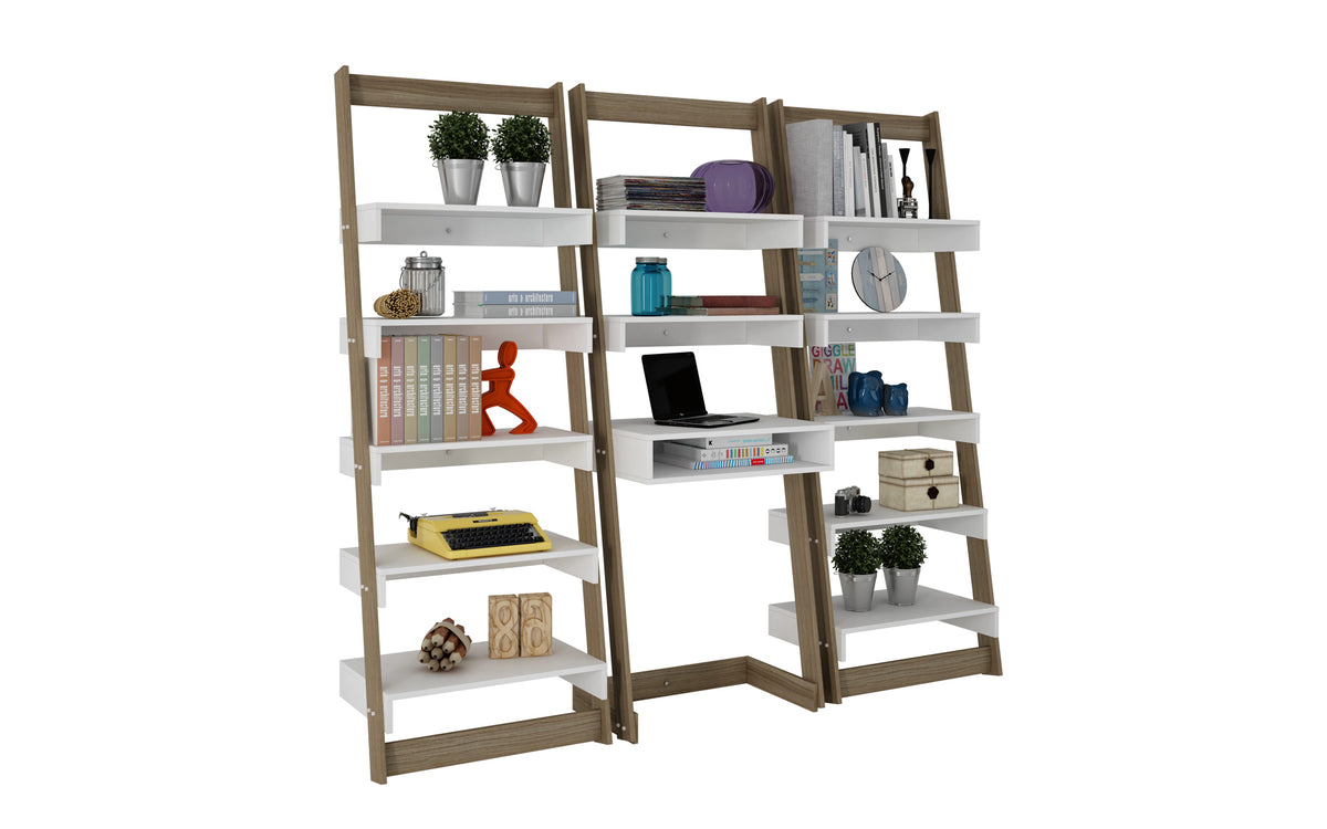 Accentuations by Manhattan Comfort 3 Piece Carpina Home Floating Ladder Shelf Office Desk in Oak and White-Minimal & Modern