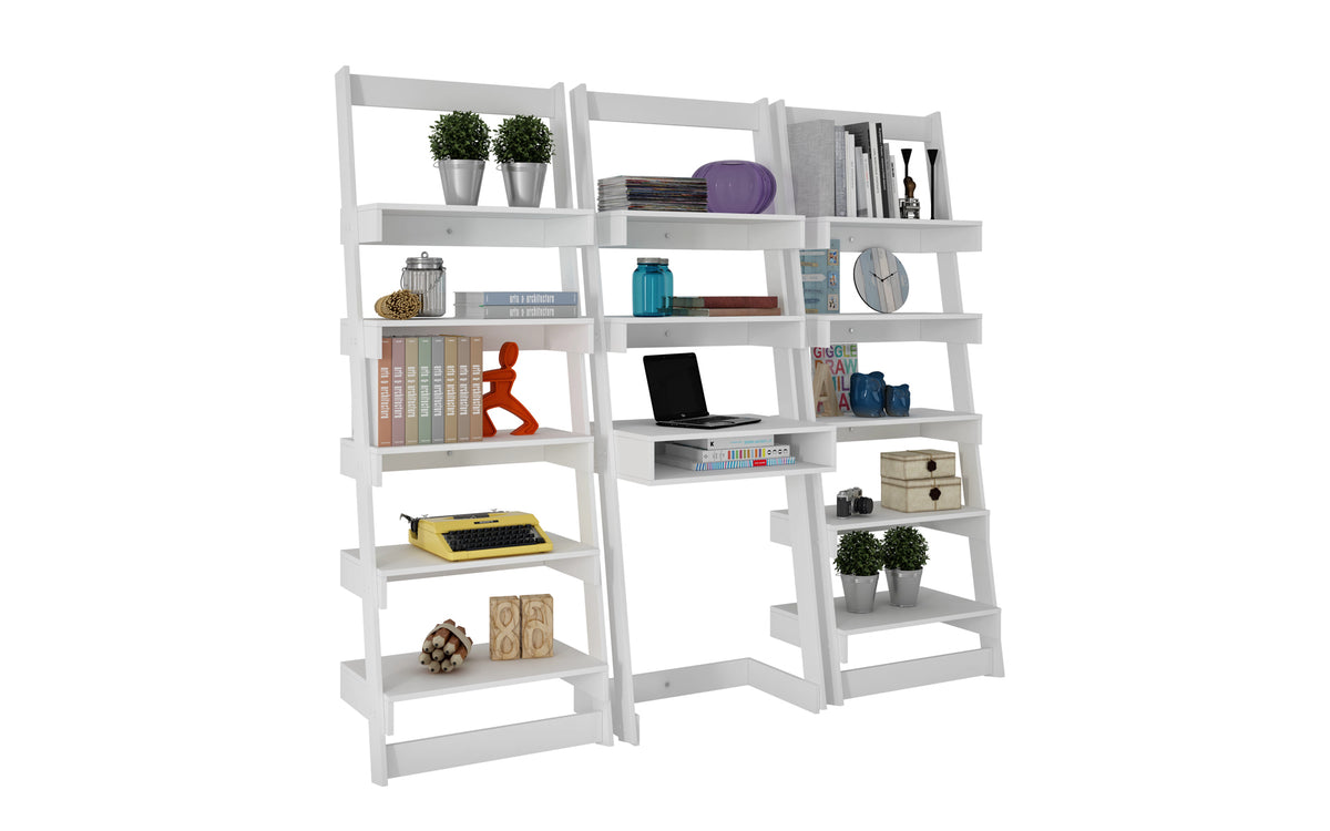 Accentuations by Manhattan Comfort 3 Piece Carpina Home Floating Ladder Shelf Office Desk in White-Minimal & Modern