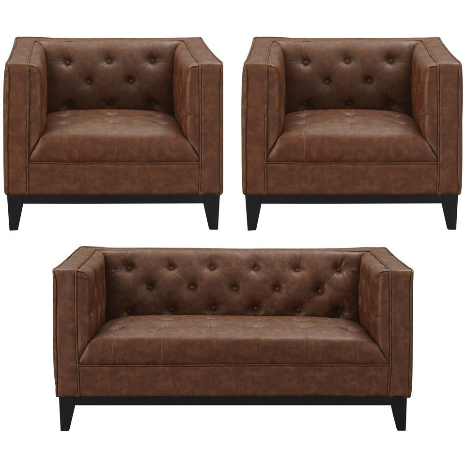 Manhattan Comfort Cadman 3-Piece Camal PU Leather  2-Seat Loveseat and 2 ArmchairsManhattan Comfort-Sofa Sets- - 1