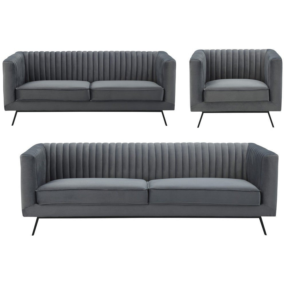 Manhattan Comfort Vandam 3-Piece Charcoal Grey Velvet Sofa, Loveseat, and Armchair Set Manhattan Comfort-Sofa Sets- - 1