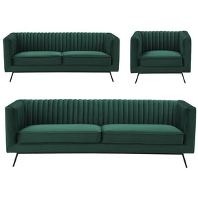 Manhattan Comfort Vandam 3-Piece Hunter Green Velvet Sofa, Loveseat, and Armchair Set Manhattan Comfort-Sofa Sets- - 1