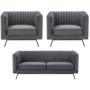 Manhattan Comfort Vandam 3-Piece Charcoal Grey Velvet 2-Seat Loveseat and 2 Armchairs Manhattan Comfort-Sofa Sets- - 1