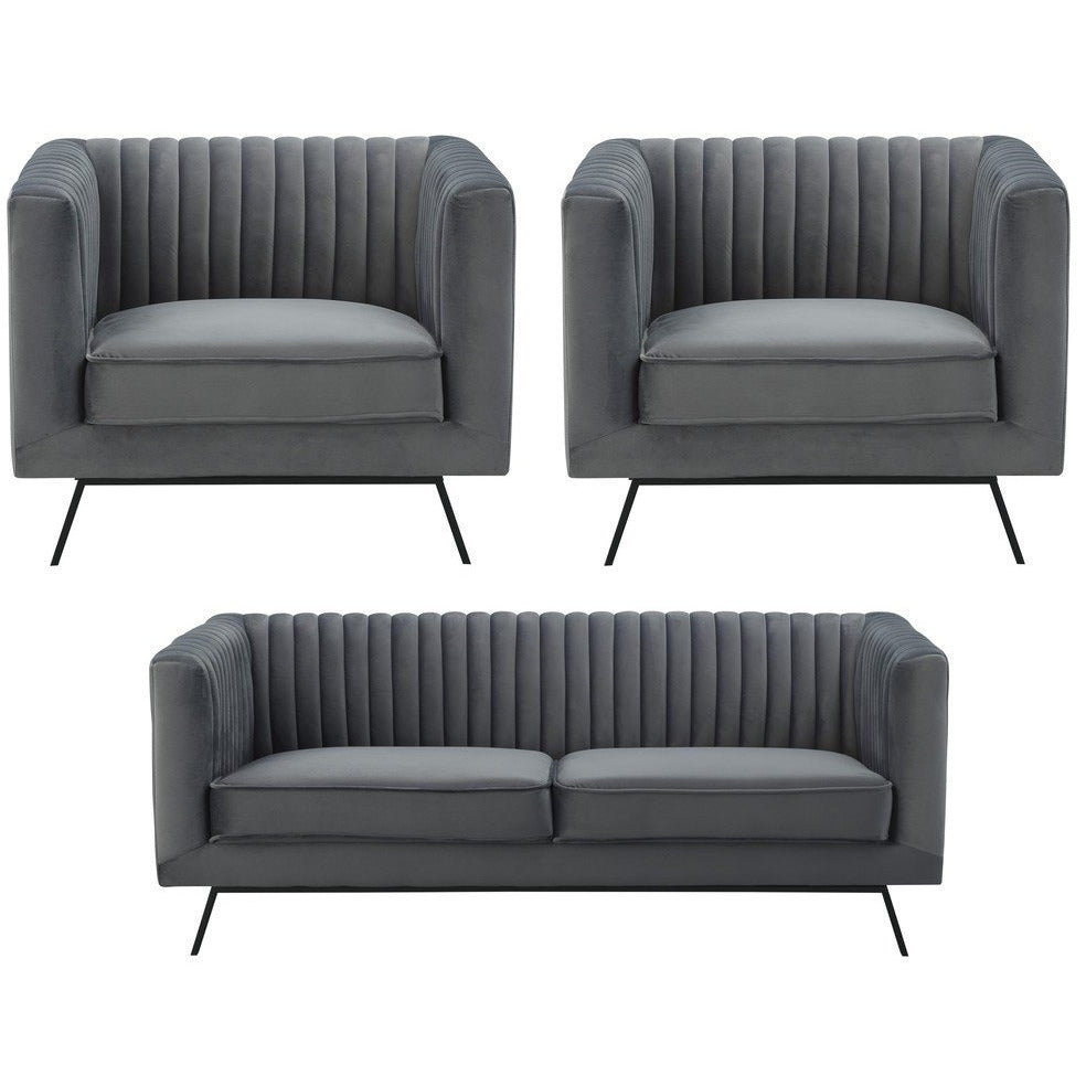 Manhattan Comfort Vandam 3-Piece Charcoal Grey Velvet 2-Seat Loveseat and 2 Armchairs Manhattan Comfort-Sofa Sets- - 1