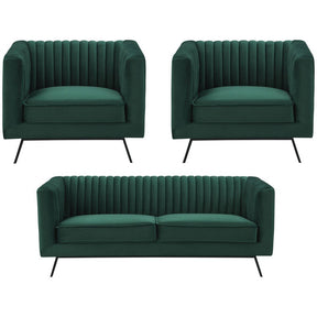Manhattan Comfort Vandam 3-Piece Hunter Green Velvet 2-Seat Loveseat and 2 Armchairs Manhattan Comfort-Sofa Sets- - 1