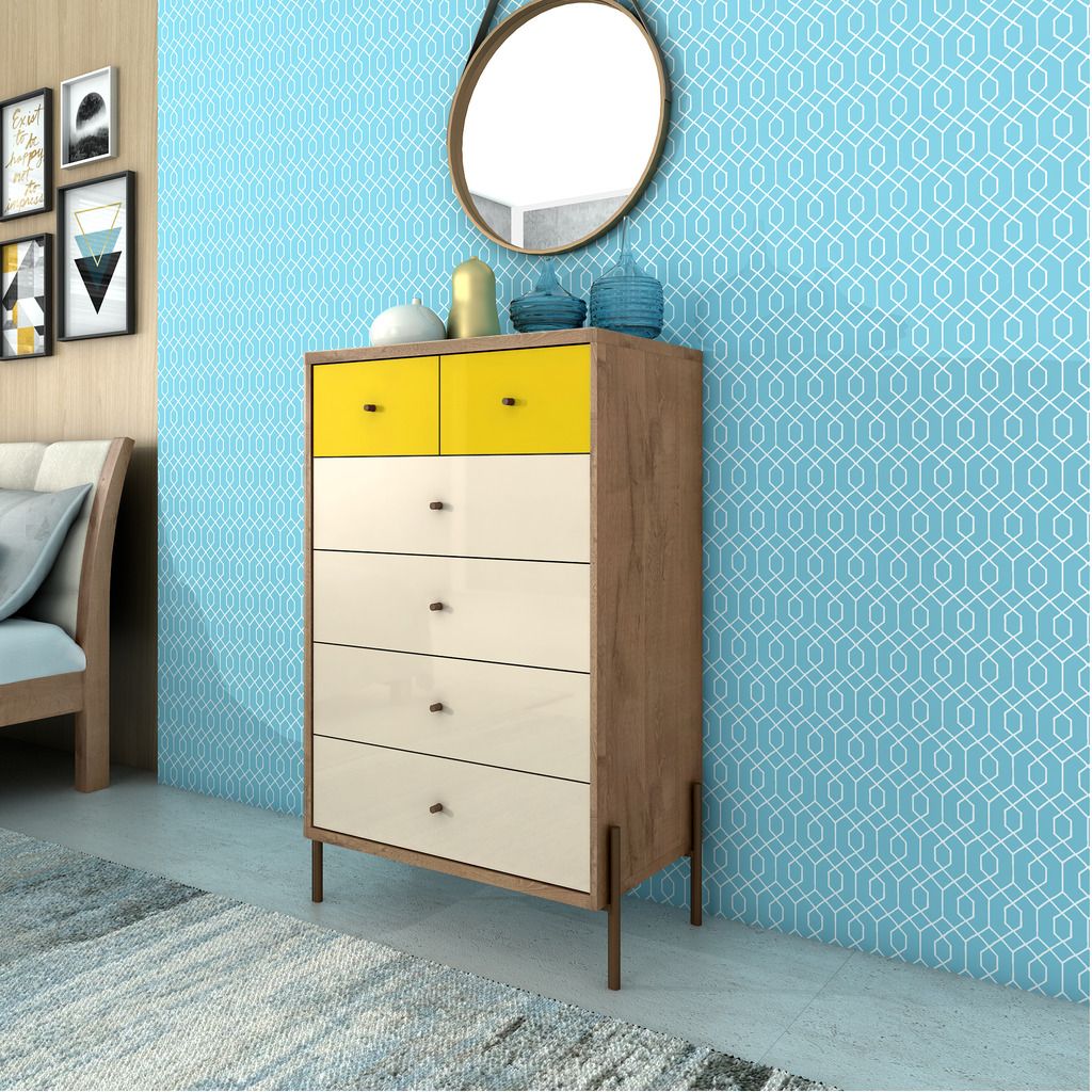 Manhattan Comfort Joy 48.43" Tall Dresser with 6 Full Extension Drawers in Yellow and Off White