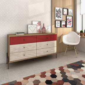 Manhattan Comfort Joy 59" Wide Double Dresser with 6 Full Extension Drawers in Red and Off White