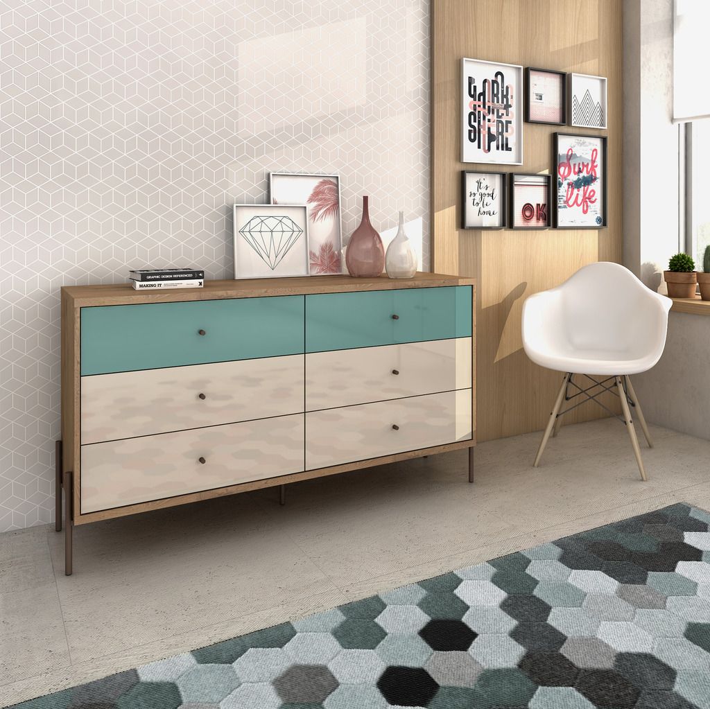 Manhattan Comfort Joy 59" Wide Double Dresser with 6 Full Extension Drawers in Blue and Off White
