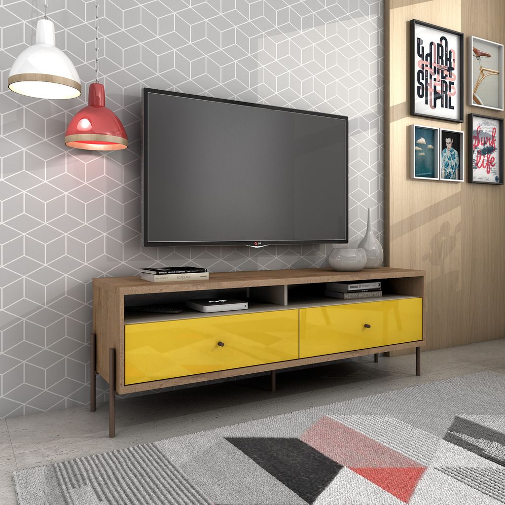 Manhattan Comfort Joy 59" TV Stand with 2 Full Extension Drawers in Yellow and Off White