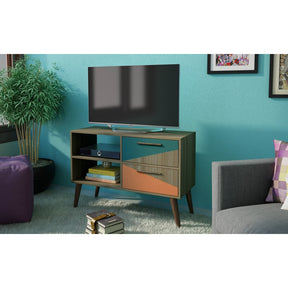 Manhattan Comfort  Dalarna 2.0- 35.43" TV Stand  with 2-Drawers in Oak Frame with Peach and Teal.