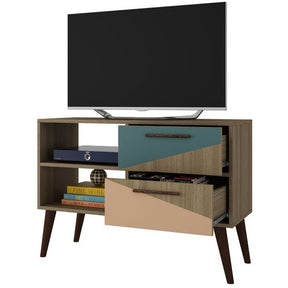 Manhattan Comfort  Dalarna 2.0- 35.43" TV Stand  with 2-Drawers in Oak Frame with Peach and Teal.