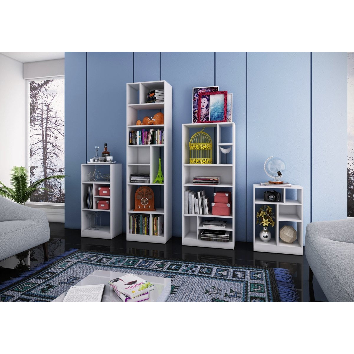 Manhattan Comfort 4 Piece Valenca Bookcase Set in White-Minimal & Modern